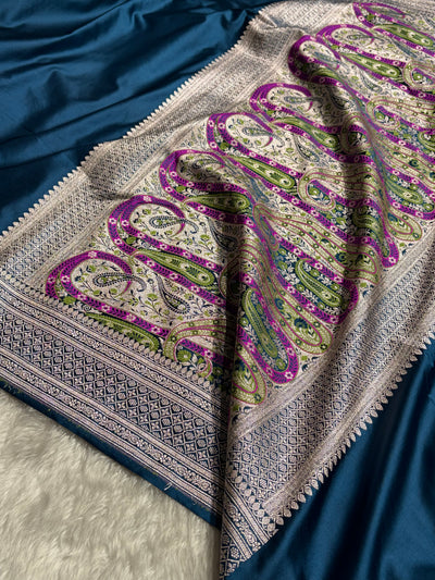 Banarasi Plain German Blue Shades With Minakari Pallu Mashru Silk Saree MCS82