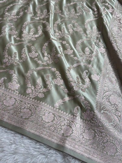 Pastel Pista Shades Banarasi With Floral Jaal Pattern Mashru Silk Saree MSM-132