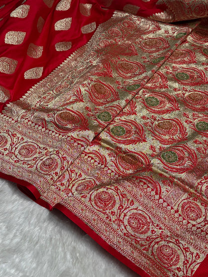 Red Katan Silk Saree In Boota Floral Motif