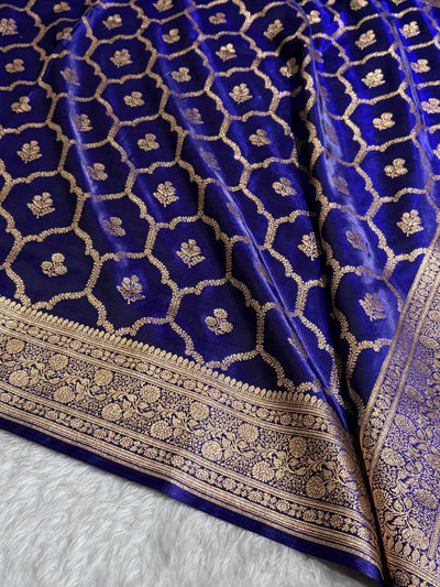 Royal Blue Shades Jaal Pattern Banarasi Satin Silk Saree SS57