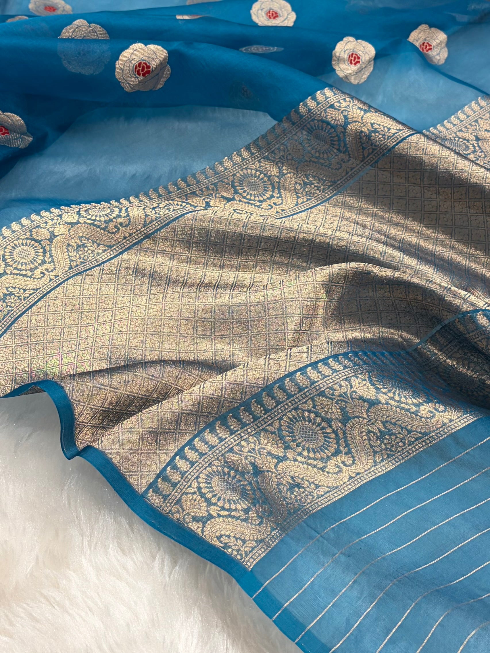 Pure Banarasi Organza Firozi Shades With Minakari Floral Banarasi Silk Saree PO-27