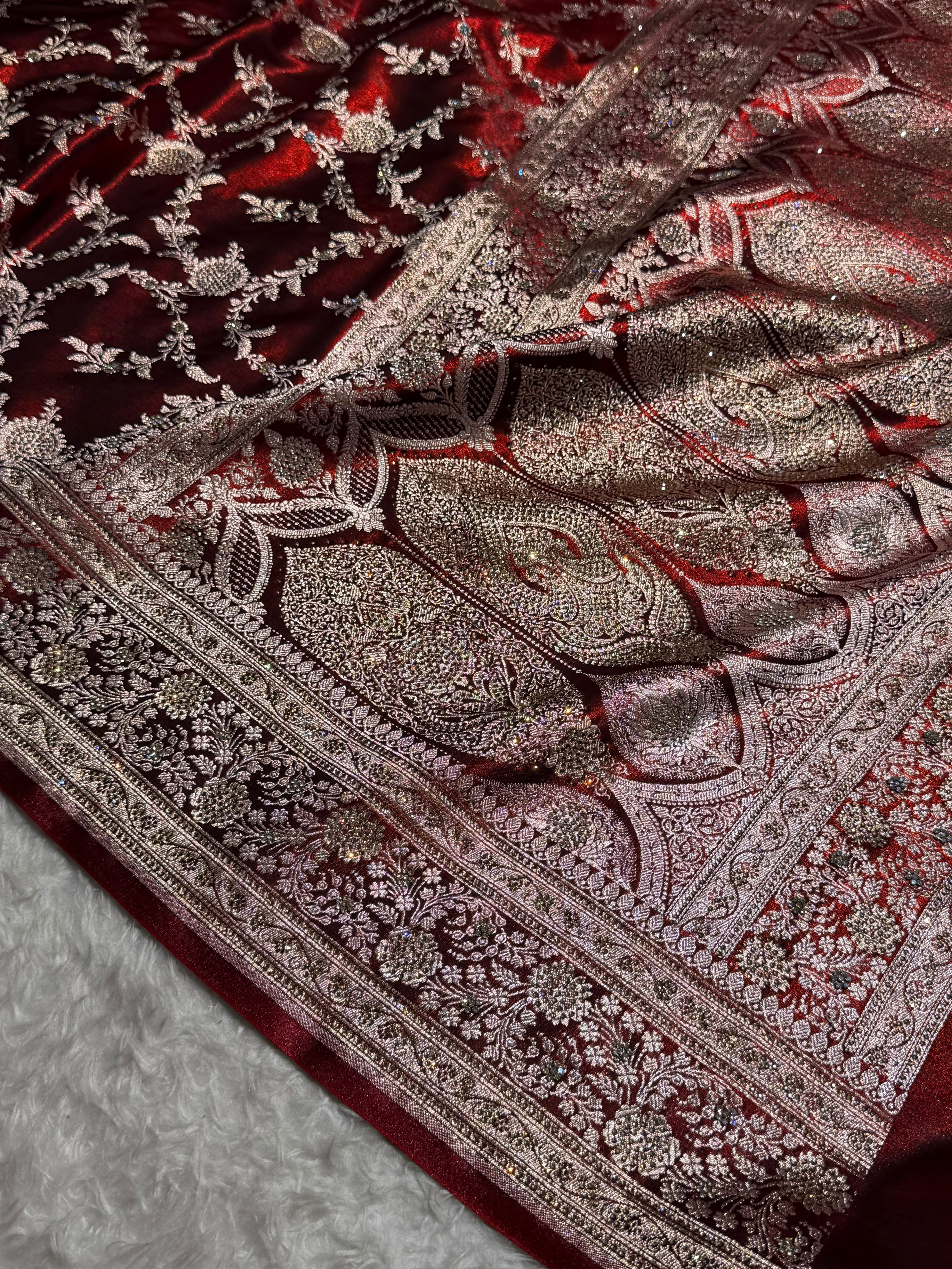 Light Weight Maroon Satin Silk Saree with Swarovski work BSS14