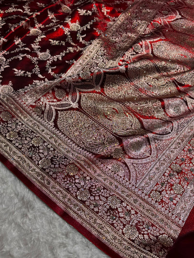 Light Weight Maroon Satin Silk Saree with Swarovski work BSS14