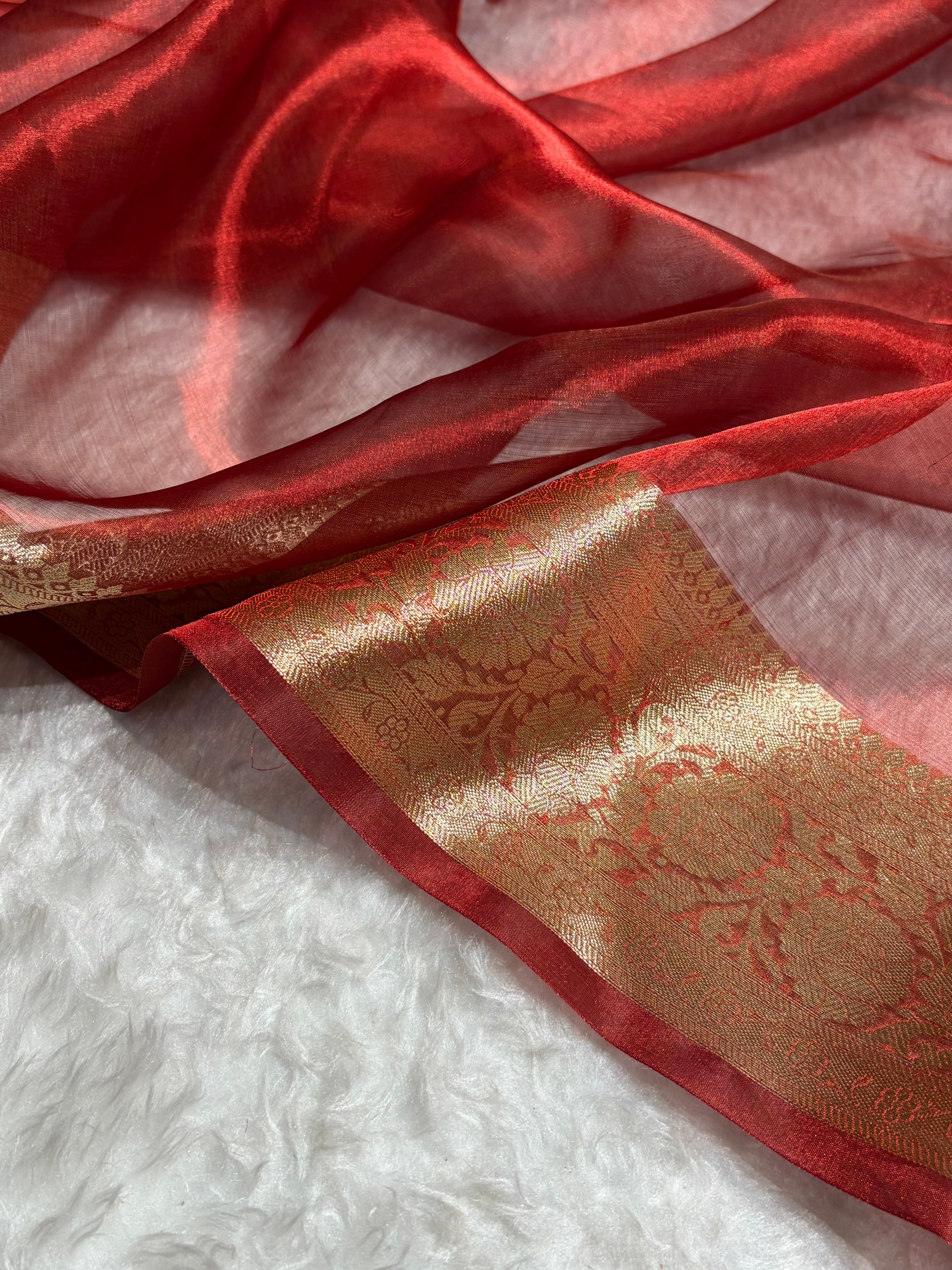 Red Shade Pure Tissue Silk Saree with Brocade Blouse PT-18