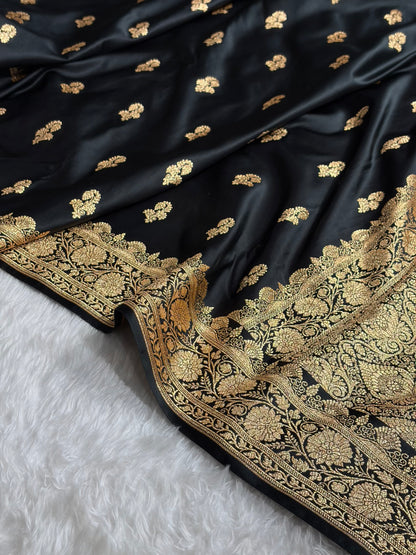 Banarasi Black Shades Floral Booti Motif Satin Katan Silk saree SK61