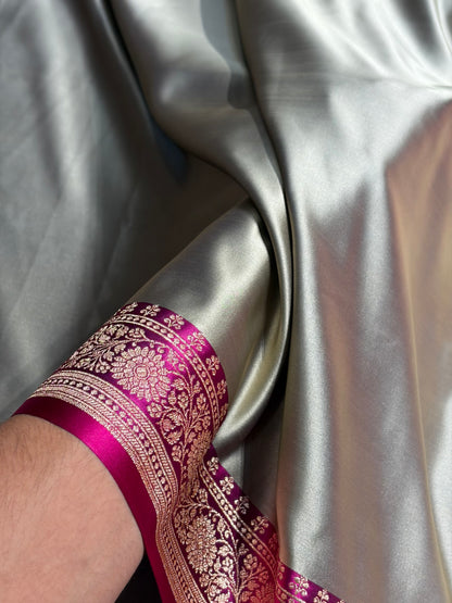 Banarasi Satin Katan Saree in Contrast Metallic Grey / Rani Shades SK131