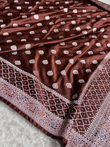 Chocolate Shades Minakari Floral Border Booti Mashru Silk Saree