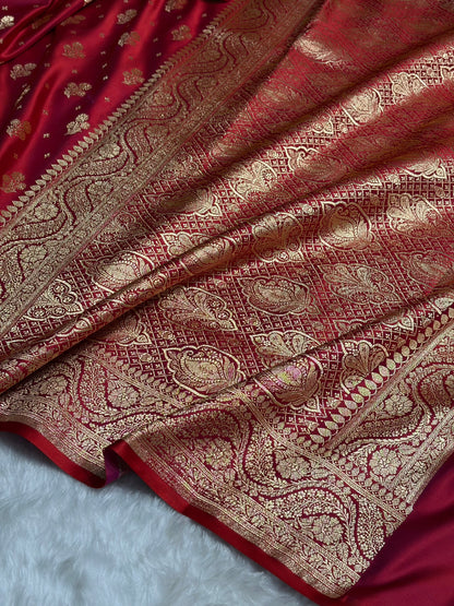 Magentic Red Floral Unique Boota Pattern Satin Katan Silk Saree SK73
