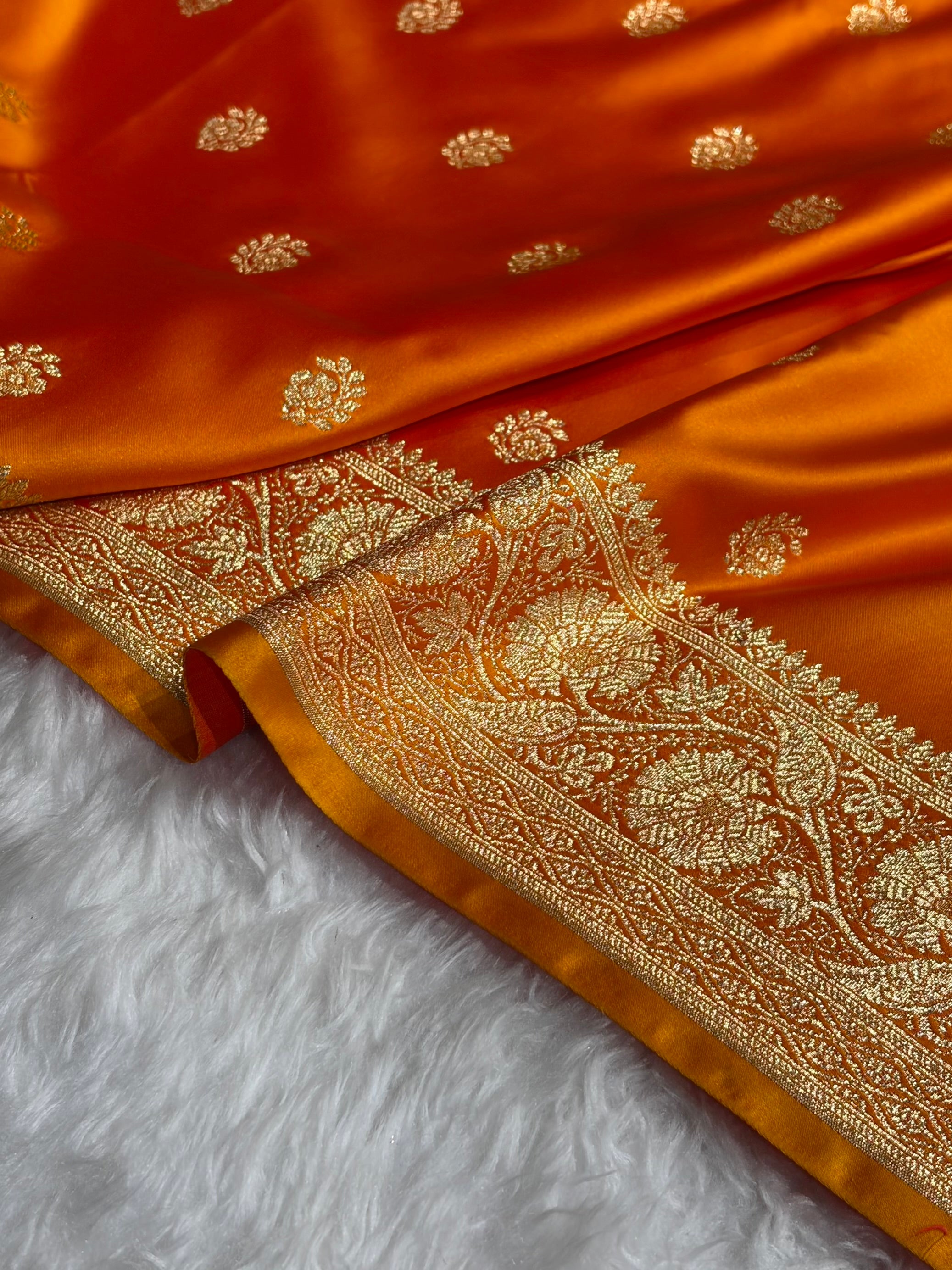 Fire Gold Floral Boota Pattern Satin Katan Silk Saree SK72