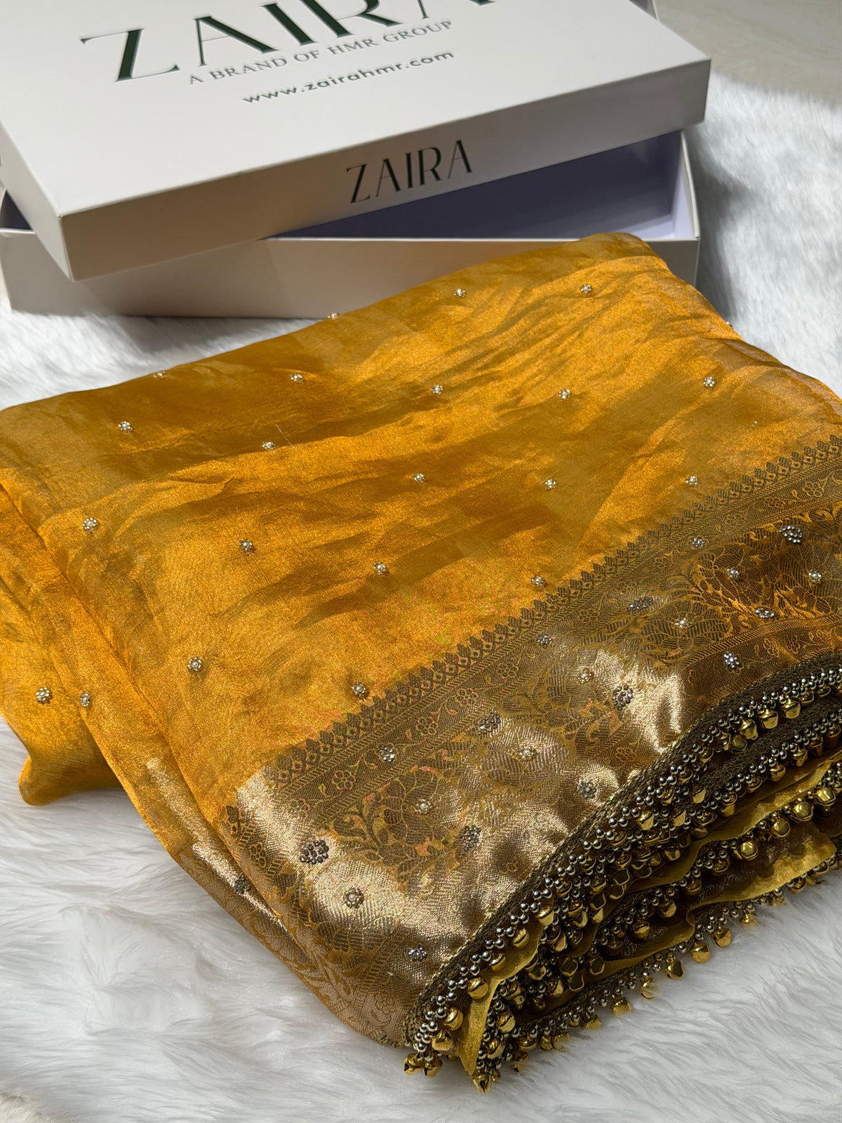 Gold Shades Pure Tissue Silk With Banarasi Swarovski Work Saree X Ghongroo BPGPT-18