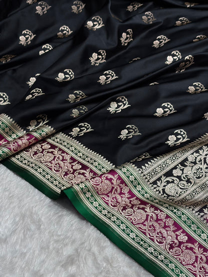 Banarasi Black With Contrast Rani Floral Border Mashru Silk Saree MSM-100