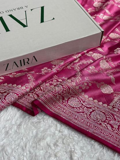 Contrast Baby Pink Shades Floral Jaal Pattern Mashru Silk Saree MS76