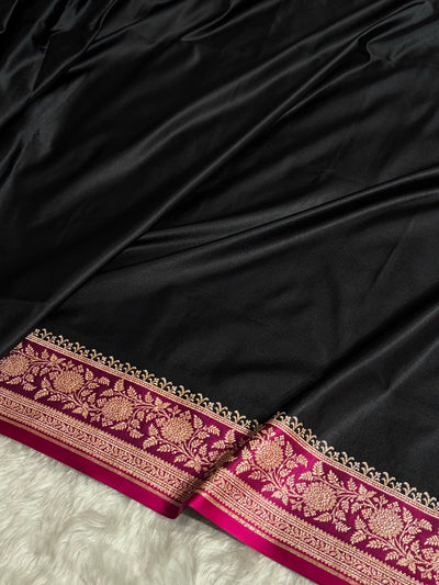 Banarasi Satin Katan Saree Floral Booti Pattern in Contrast Black / Rani Shades SK149