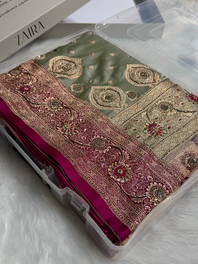 Mehandi Wine Contrast Booti With Ari & Zardozi Work Satin Katan Silk saree BSK29