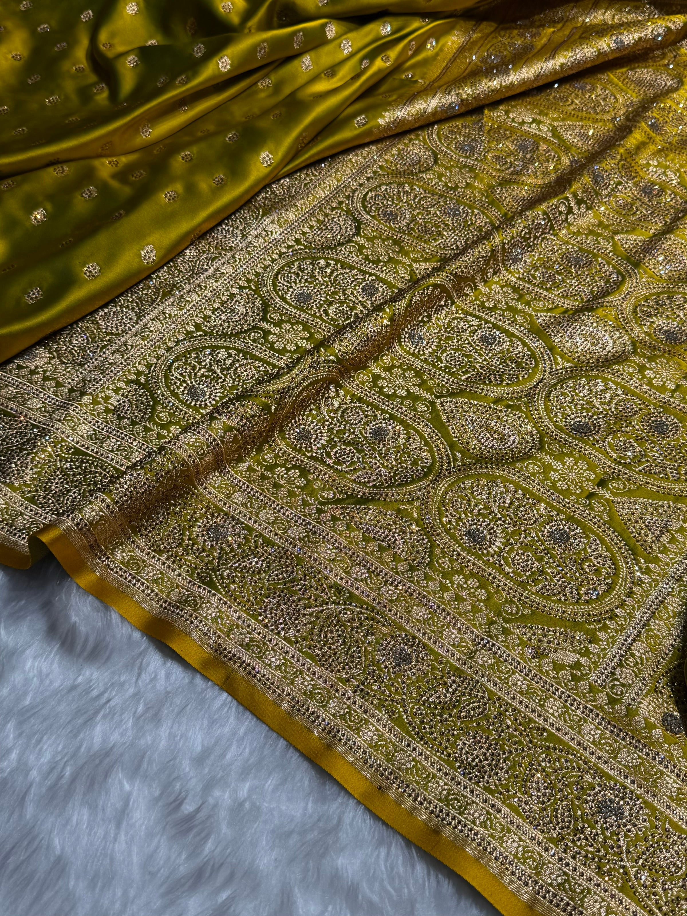 Banarasi Mehandi Booti Pattern With Swarovski Stone Work Satin Katan Silk Saree BSK53