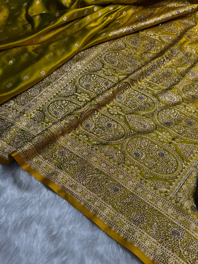 Banarasi Mehandi Booti Pattern With Swarovski Stone Work Satin Katan Silk Saree BSK53