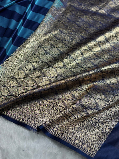 Sky Blue With German Blue Horizontal Strips Floral Border & Brocket Blouse Mashru Silk Saree MSM-84