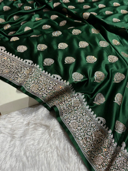 Bottle Green Tree Boota With Swarovski Work Mashru Silk Saree BMS19