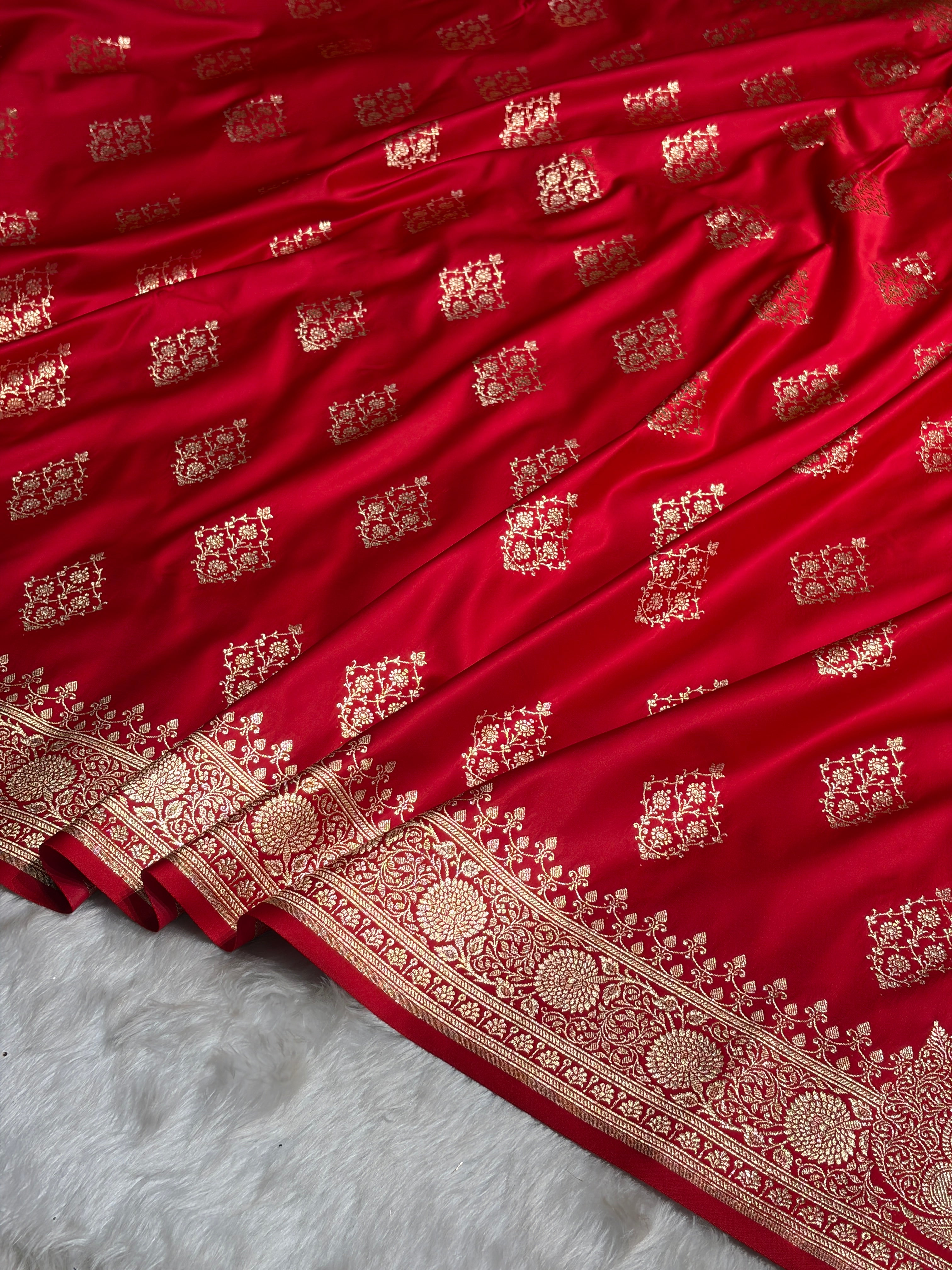 Red Floral Boota Satin Katan Silk saree SK35