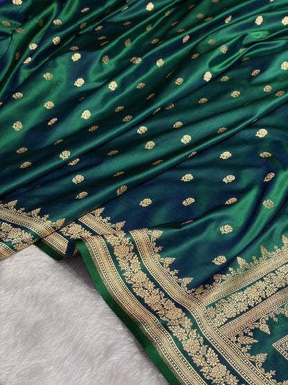 Cross Green Floral Pattern Satin Katan Silk Saree SK76