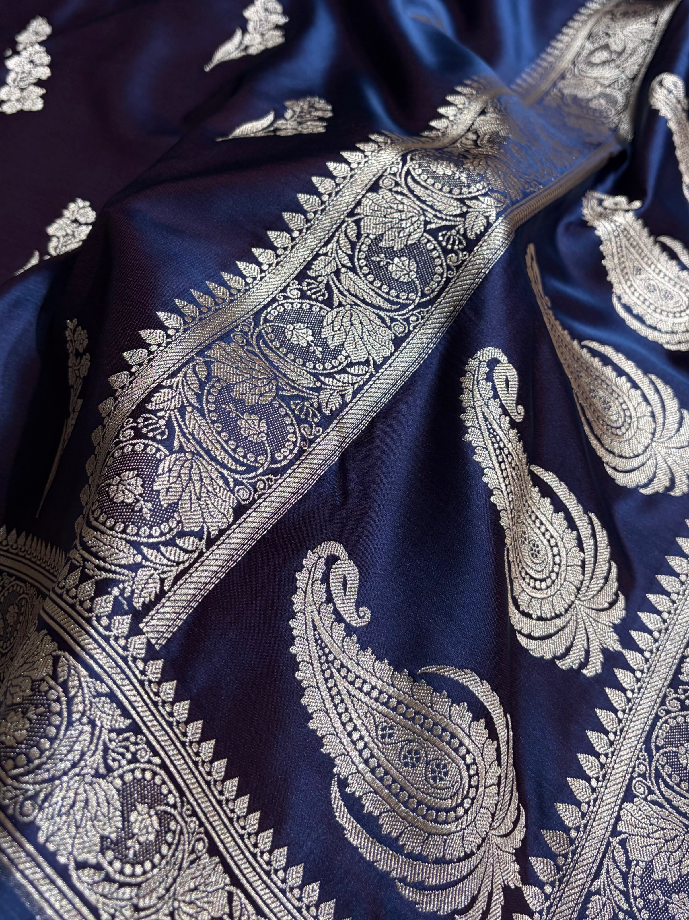 Cross Navy Boota With Floral Border Mashru Silk Saree MSM-97