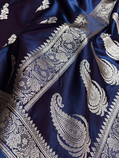Cross Navy Boota With Floral Border Mashru Silk Saree MSM-97