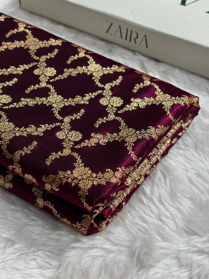 Wine Shades Cross Pattern Banarasi Satin Silk Saree SS40