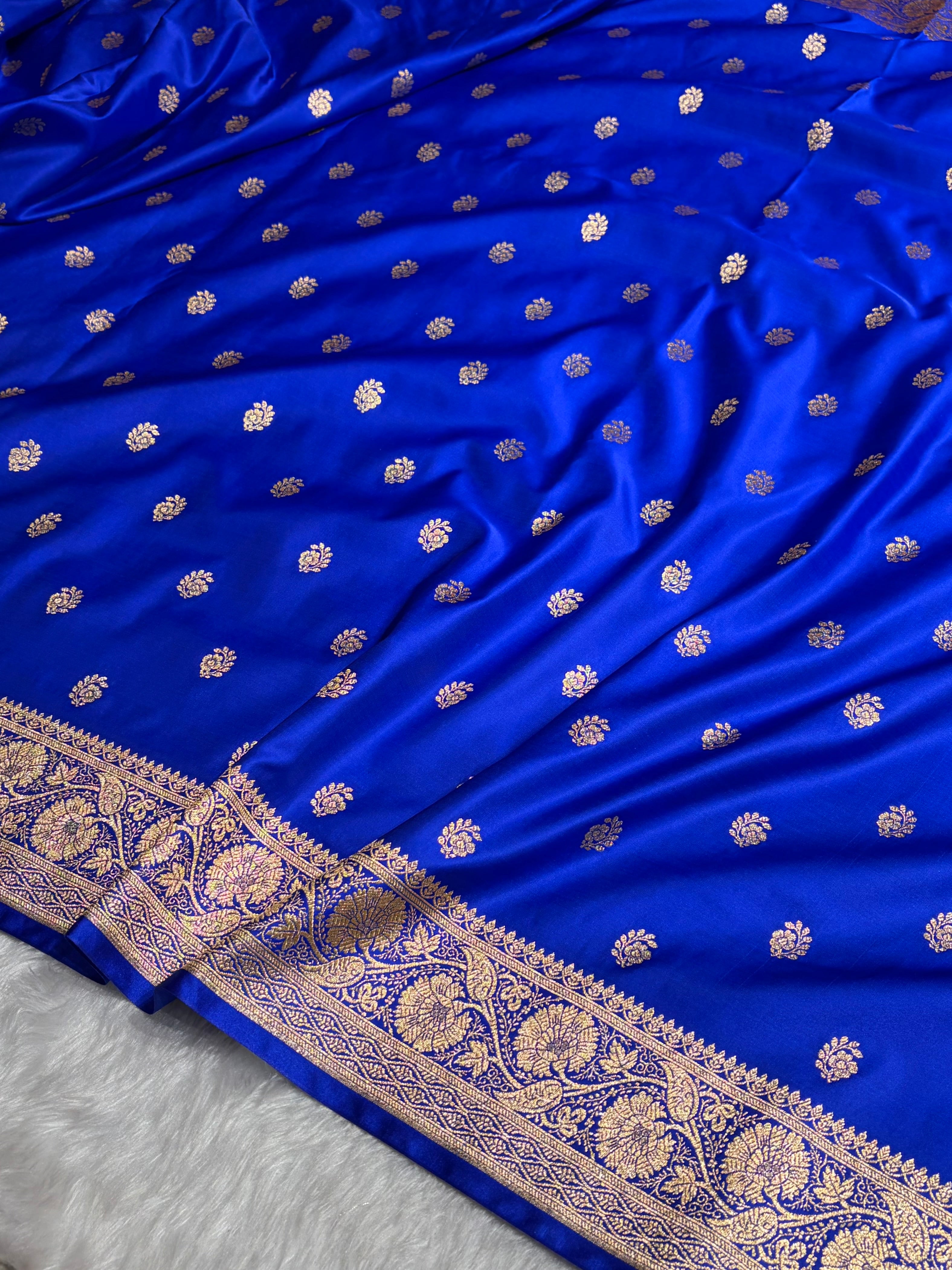 Royal Blue Floral Boota Pattern Satin Katan Silk Saree SK72