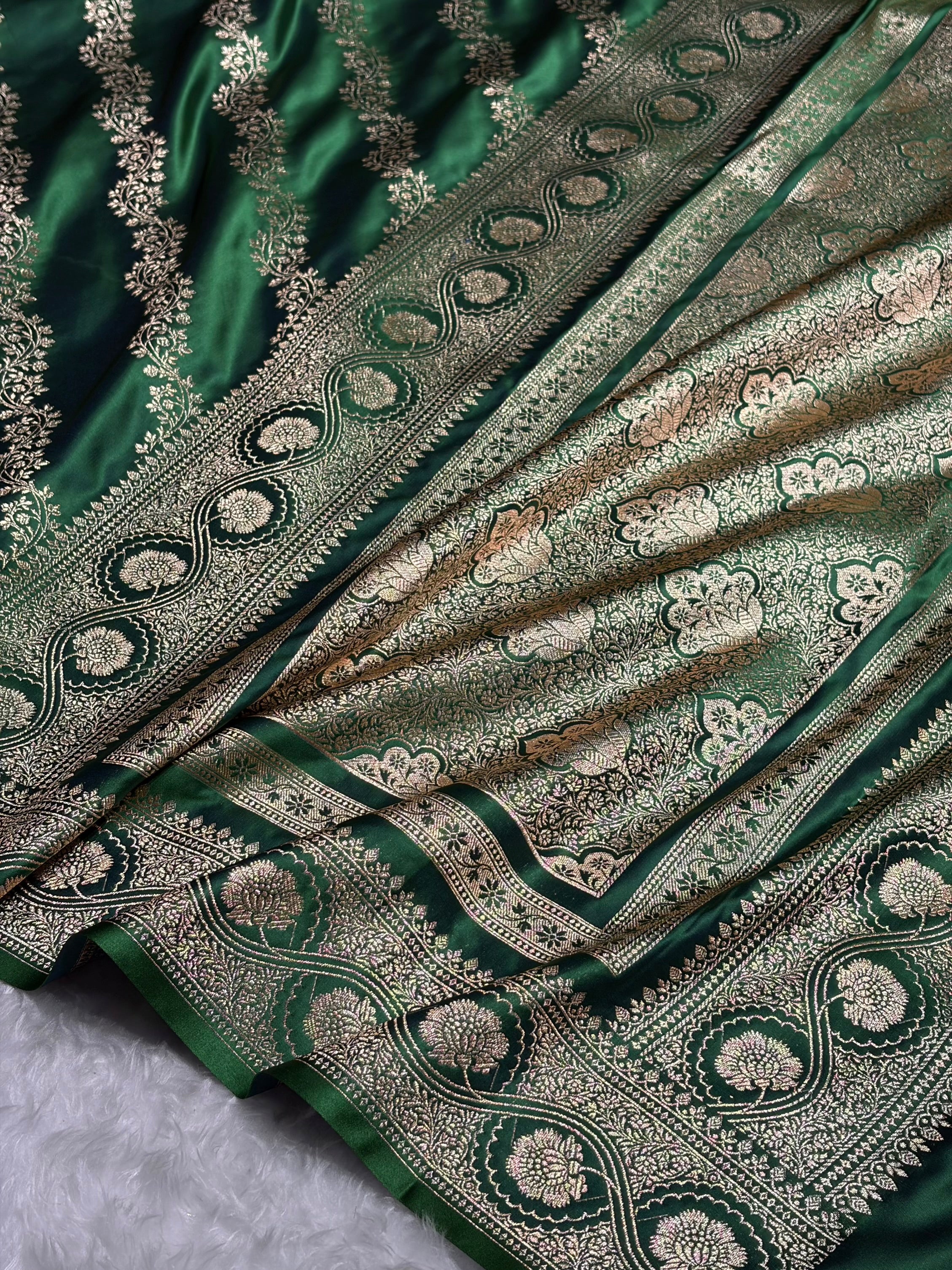 Cross Green Floral Cross Pattern Satin Katan Silk Saree SK74