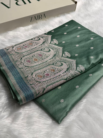 Banarasi Skirt Border Pattern in Turquoise Shades Floral Mashru Silk Saree MCS95
