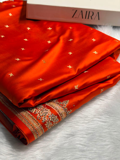 Rusty Orange Banarasi Swarovski Work Booti Katan Silk Saree BSKM17