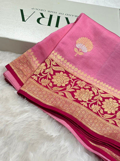 Banarasi Baby Pink With Rani Contrast Shades Minakari Boota Handwoven Pure Paper Silk RM-84