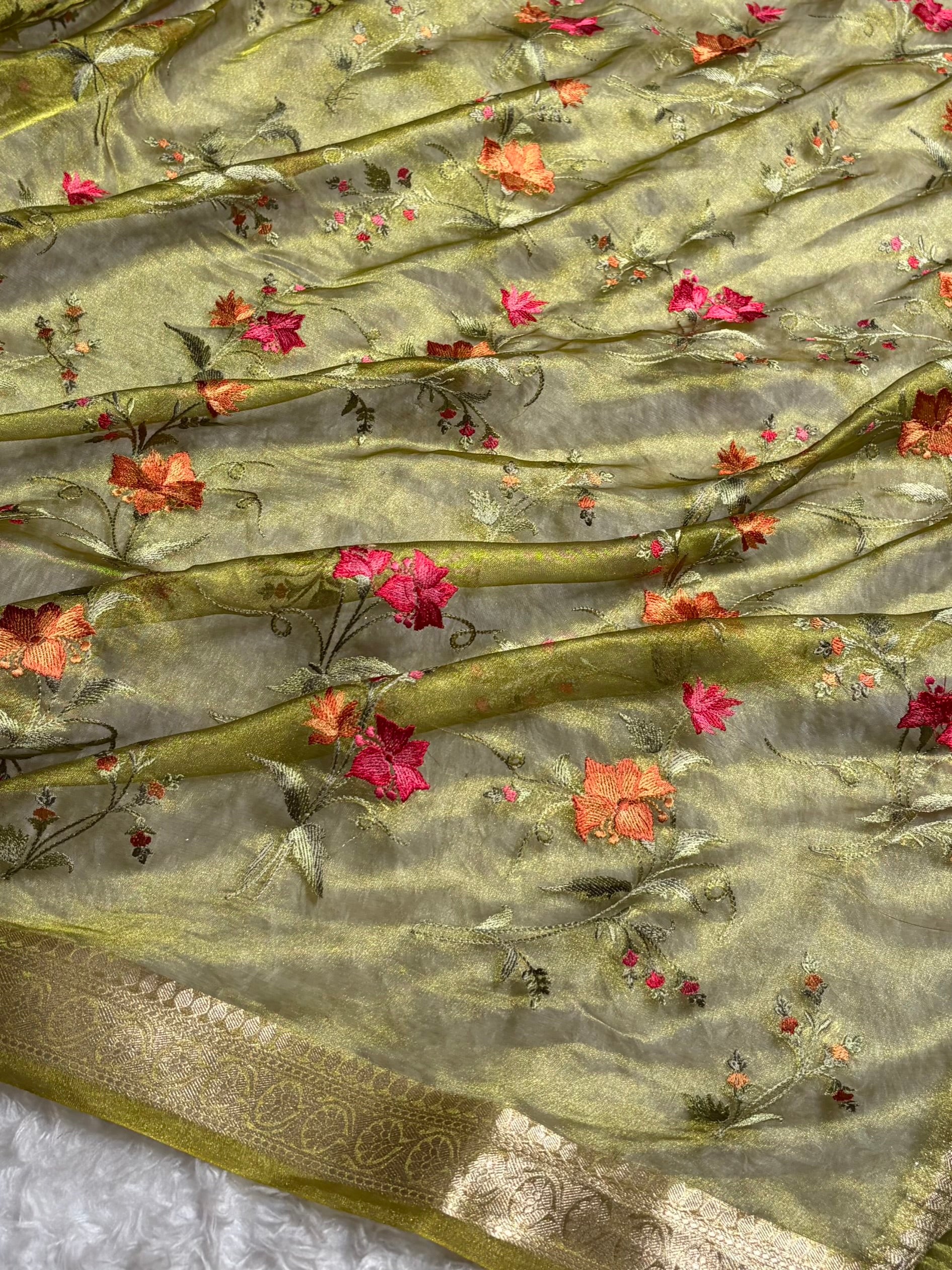 Light Green Shades With Floral Embroidered Pure Tissue Silk Saree with Brocade Blouse PTE-09