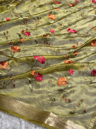 Light Green Shades With Floral Embroidered Pure Tissue Silk Saree with Brocade Blouse PTE-09