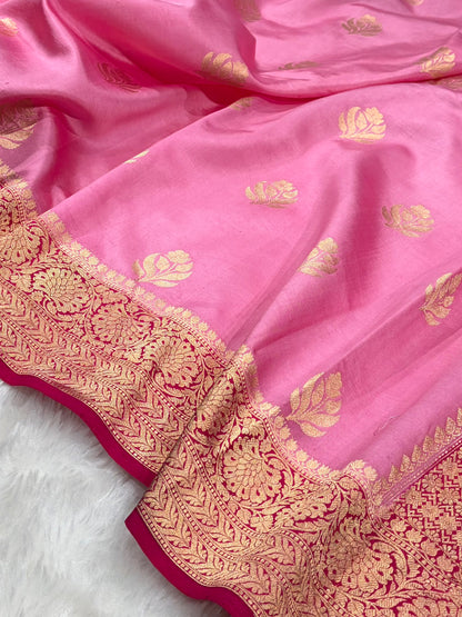 Banarasi Baby Pink With Wine Contrast Shades Handwoven Pure Paper Silk Saree RM-91