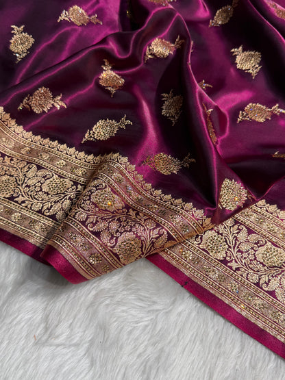 Satin Silk Saree Swarovski Work Floral Boota in Wine Shades BSS26