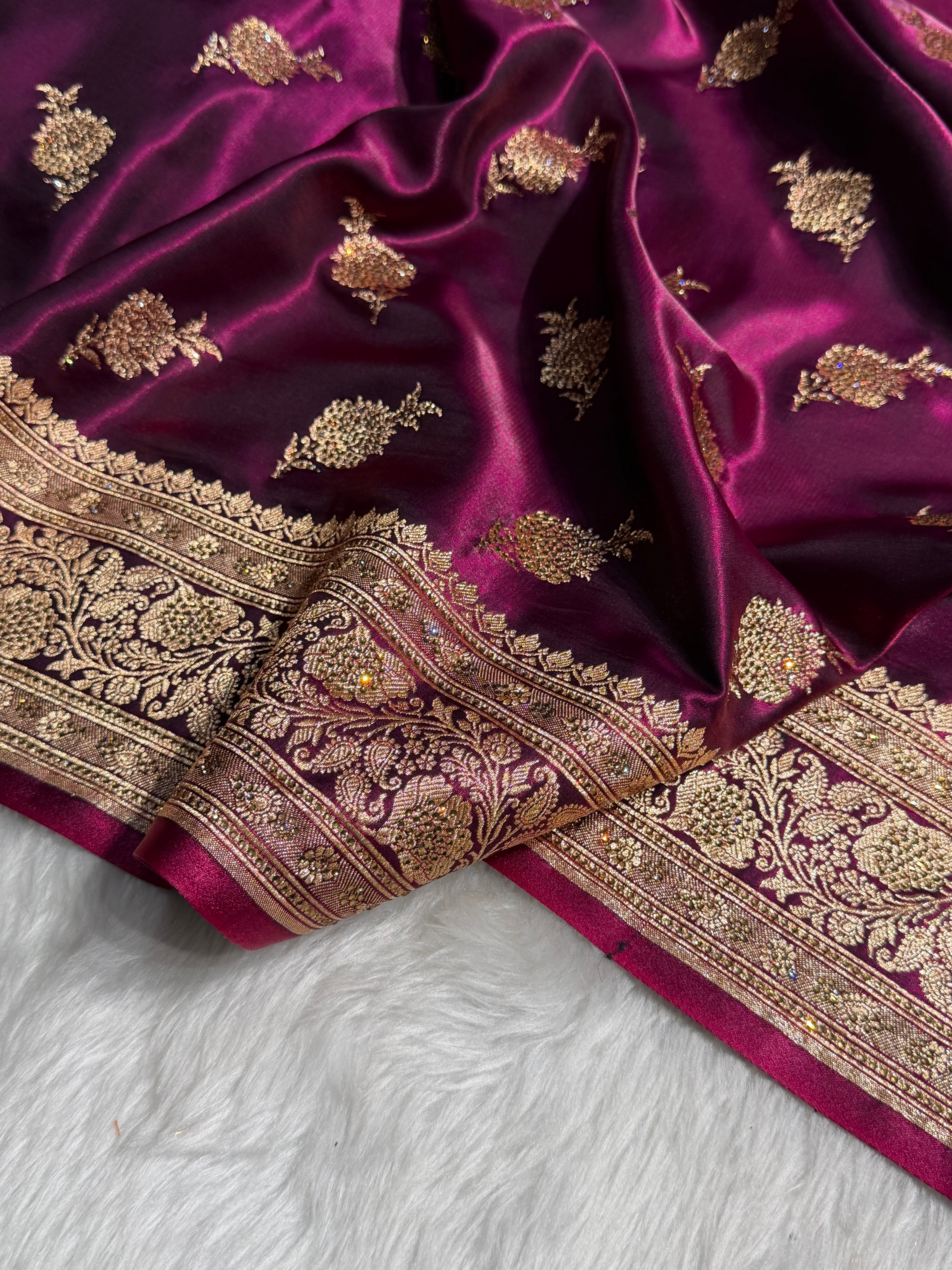 Satin Silk Saree Swarovski Work Floral Boota in Wine Shades BSS26