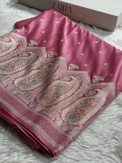 Banarasi Skirt Border Pattern in Baby Pink Shades Floral Mashru Silk Saree MCS95
