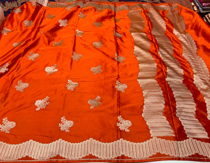 Orange Scallop Floral Boota Mashru Silk Saree with blouse and fall