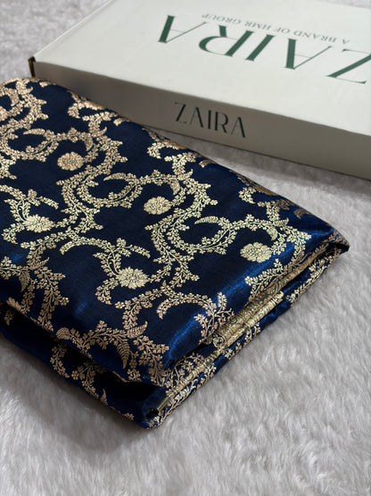 Royal Blue Contrast Shades Jaal Pattern Banarasi Satin Silk Saree SS47