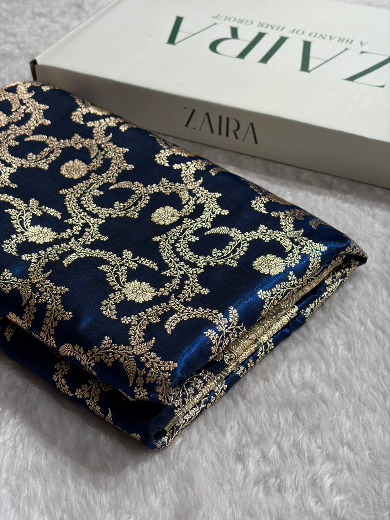 Royal Blue Contrast Shades Jaal Pattern Banarasi Satin Silk Saree SS47
