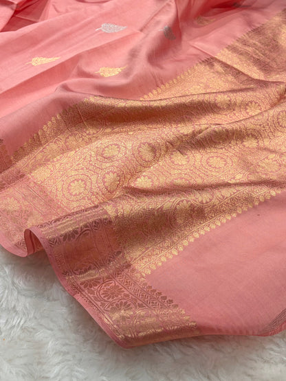 Banarasi Light Peach Shades Boota Handwoven Pure Paper Silk RM-77