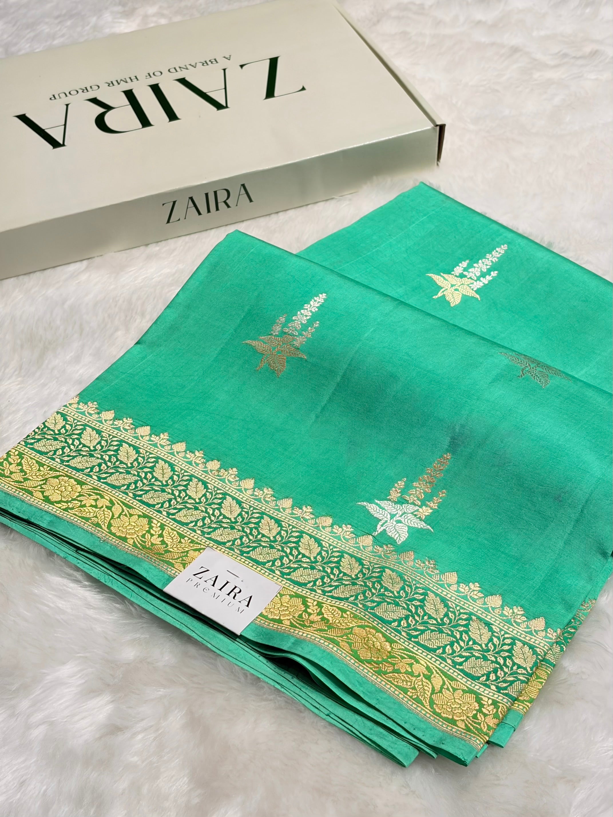 Sea Green Shades Meena Boota Handwoven Pure Katan Raw Mango Silk RM-36