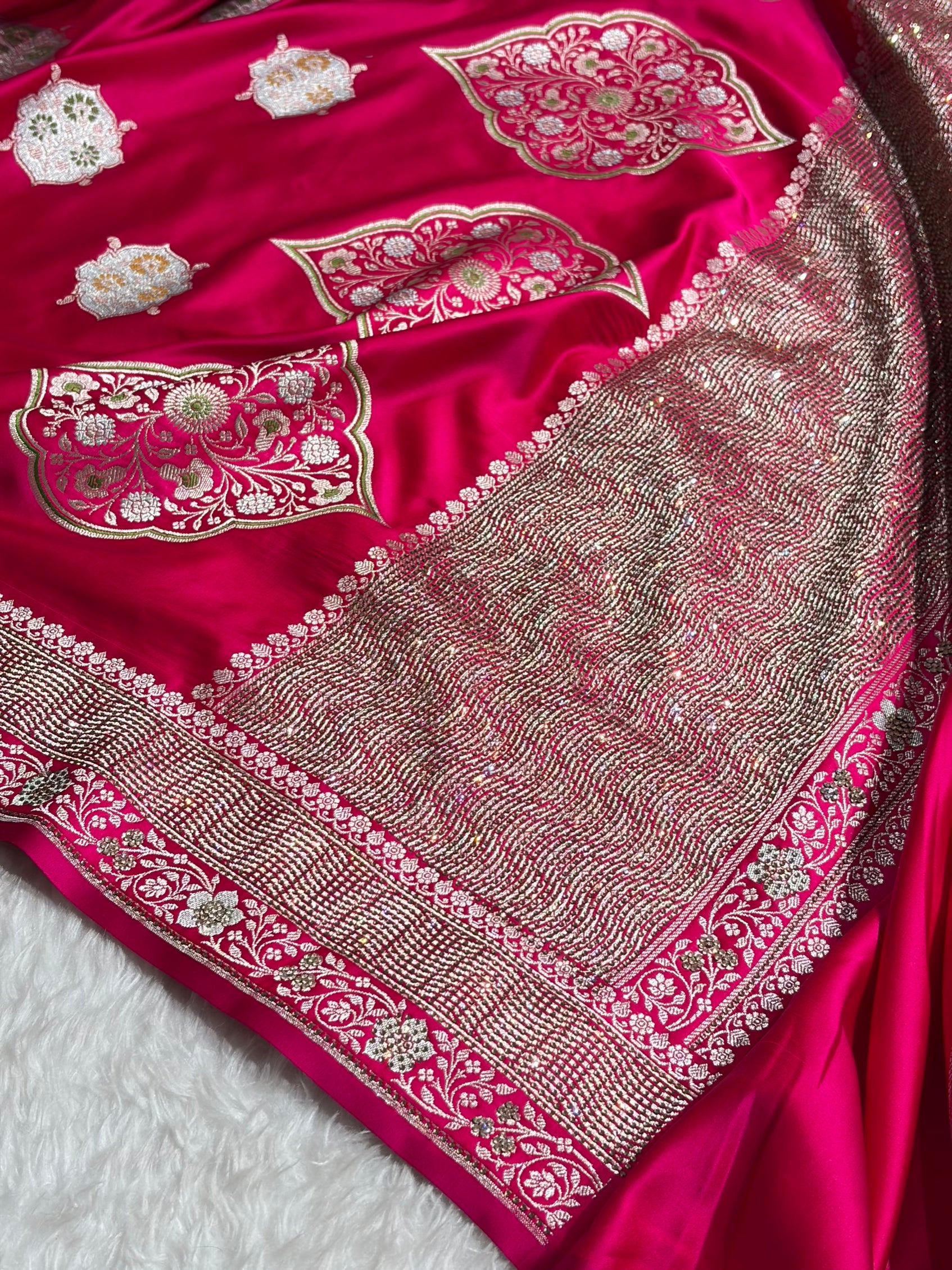 Premium Banarasi Satin Katan Saree Swarovski Work Minakari Booti Pattern in Rani Shades BSK04