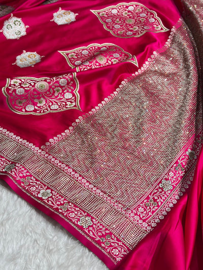 Premium Banarasi Satin Katan Saree Swarovski Work Minakari Booti Pattern in Rani Shades BSK04