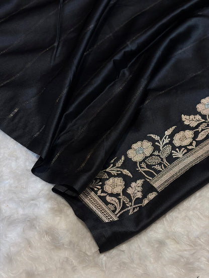 Banarasi Black Boota With Floral Border Mashru Silk Saree MSM-88