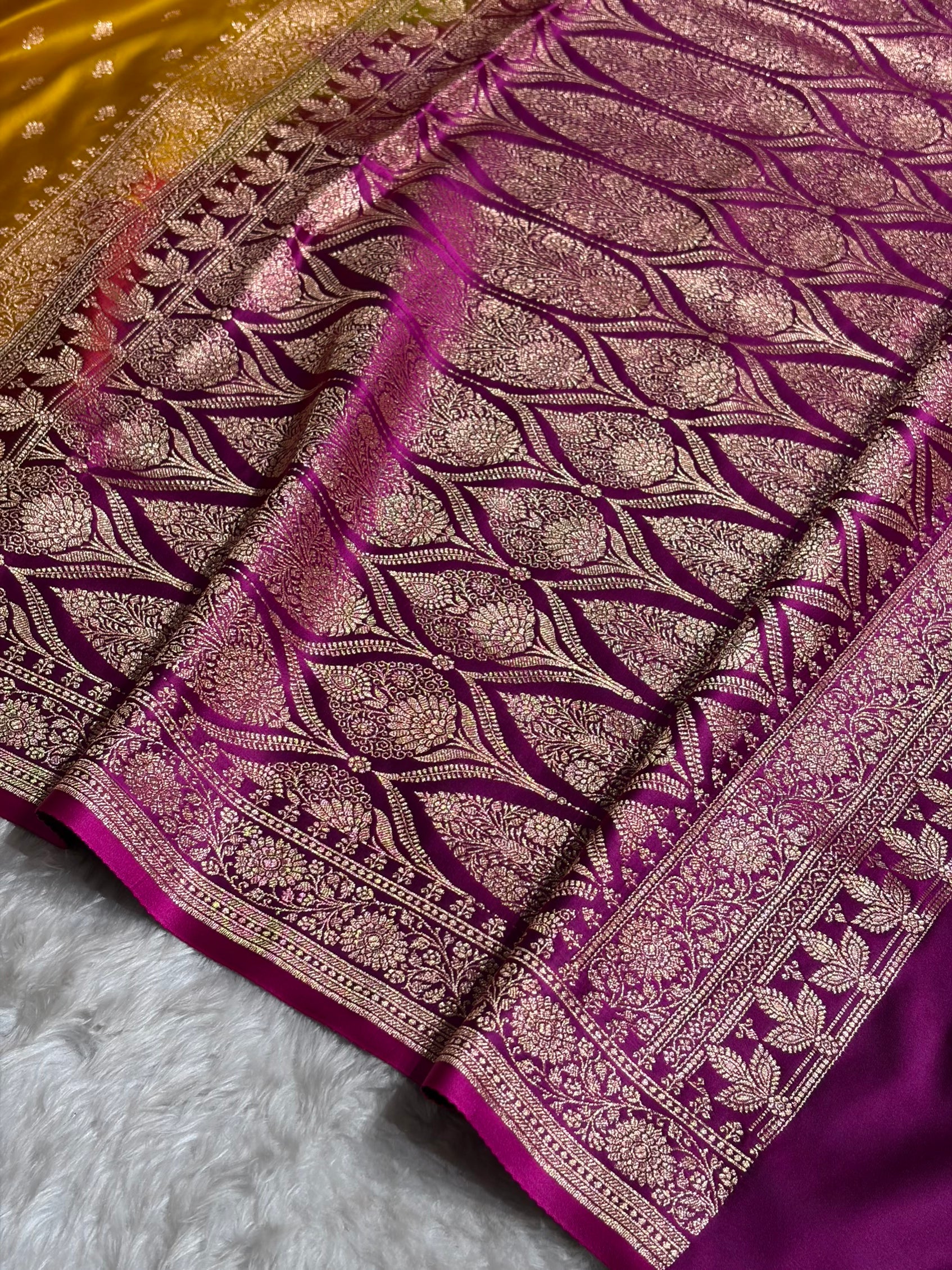 Contrast Mustard / Rani Floral Booti Banarasi Satin Katan Silk Saree SK16