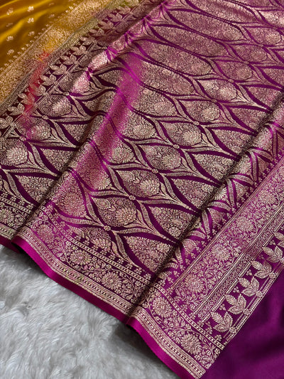 Contrast Mustard / Rani Floral Booti Banarasi Satin Katan Silk Saree SK16