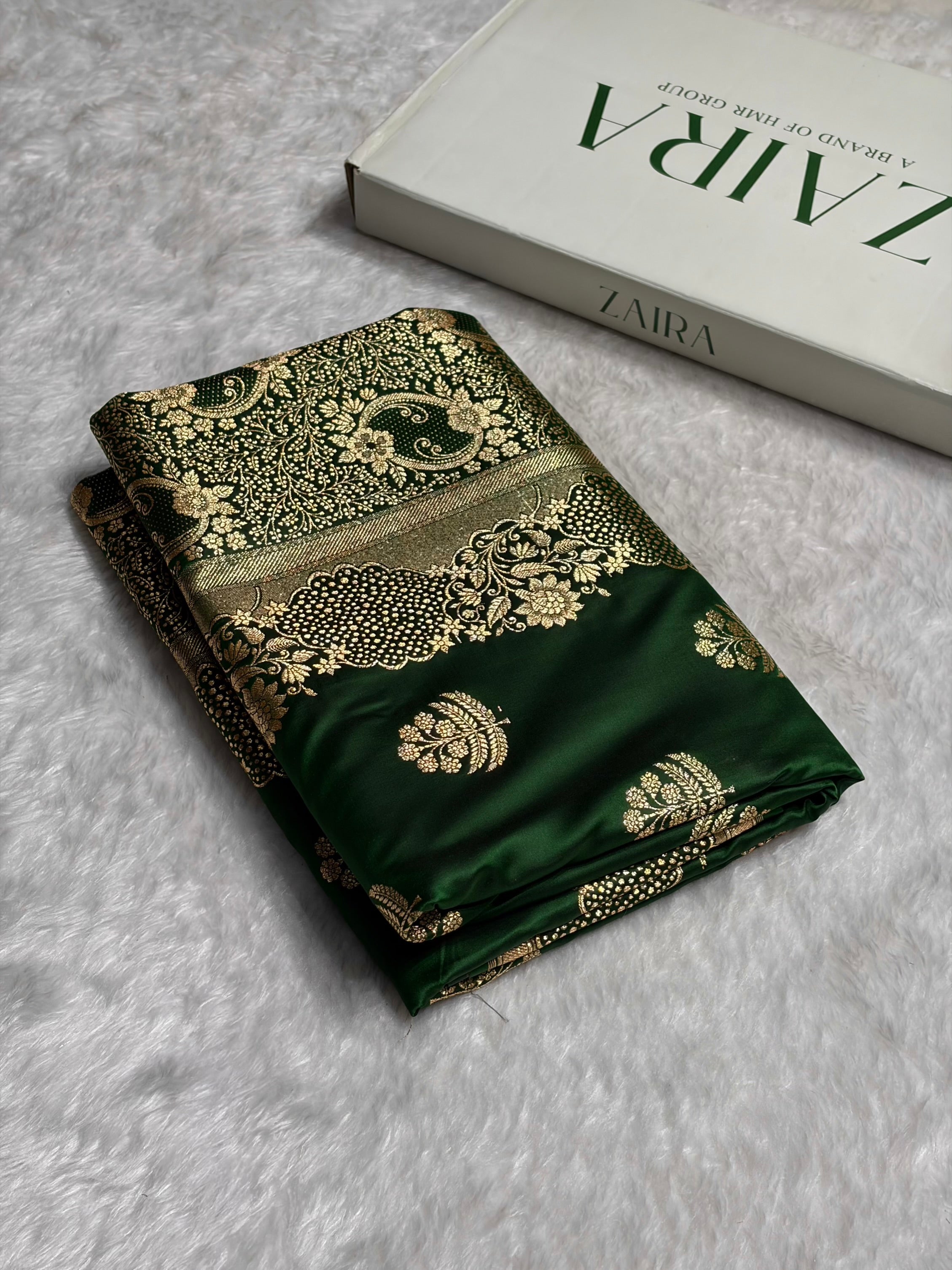Bottle Green Unique Boota Pattern Satin Katan Silk Saree SK70