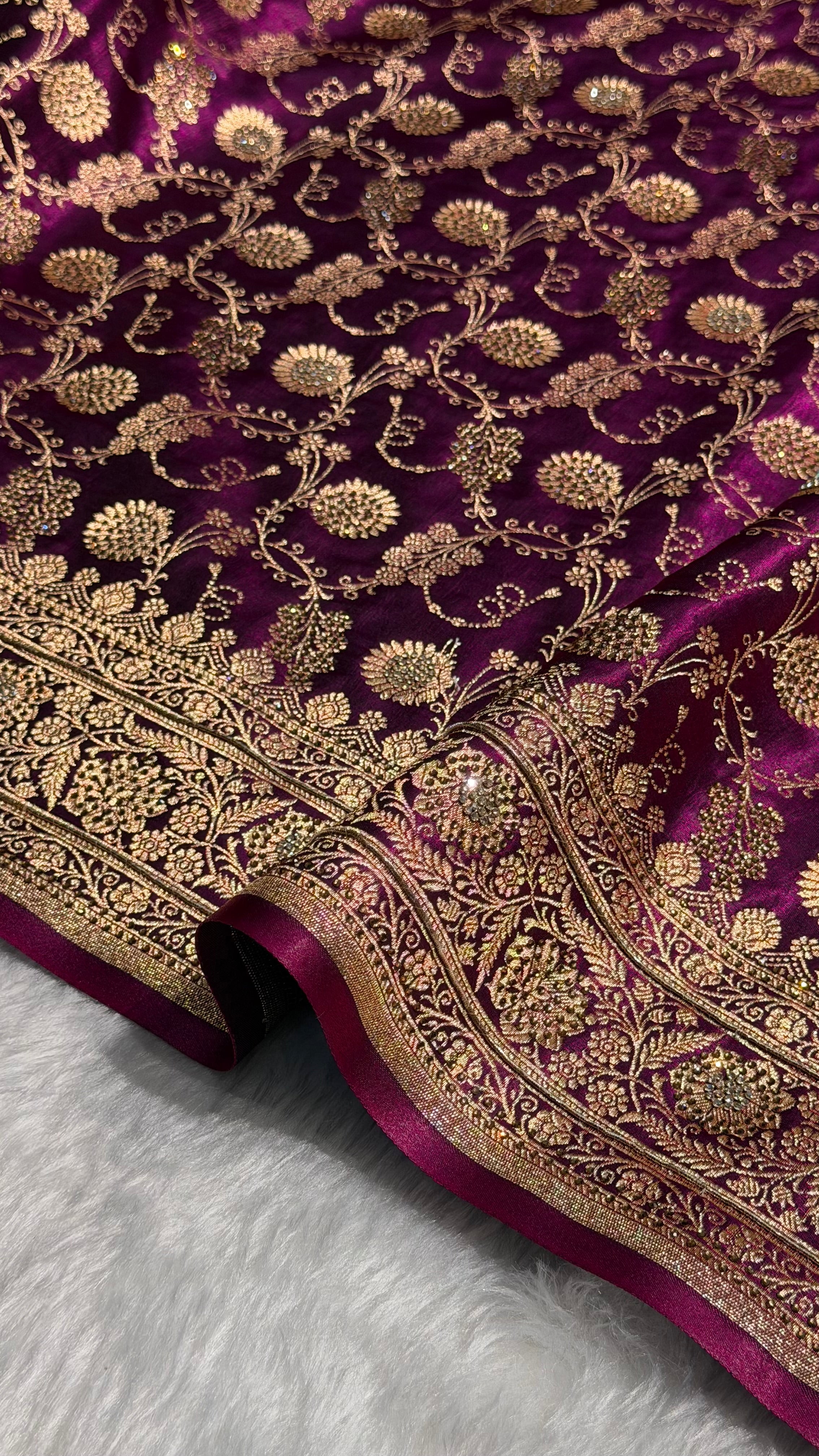 Banarasi Wine Satin Silk Jaal with Swavroski Work BSS17
